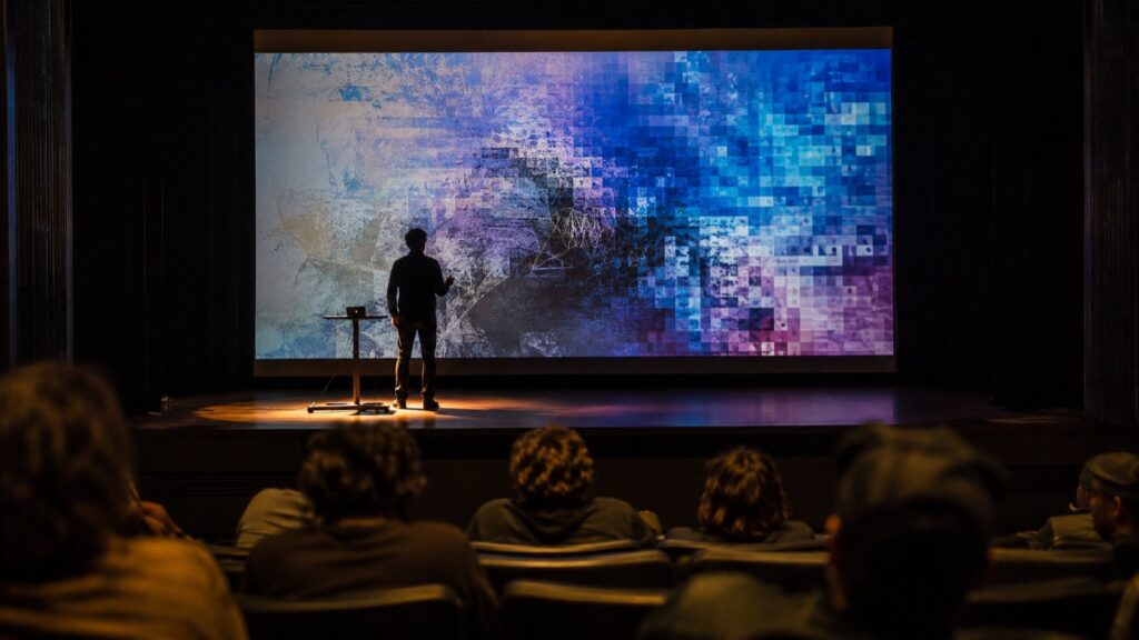 Expositor frente a una pantalla con una imagen digital abstracta en un auditorio universitario